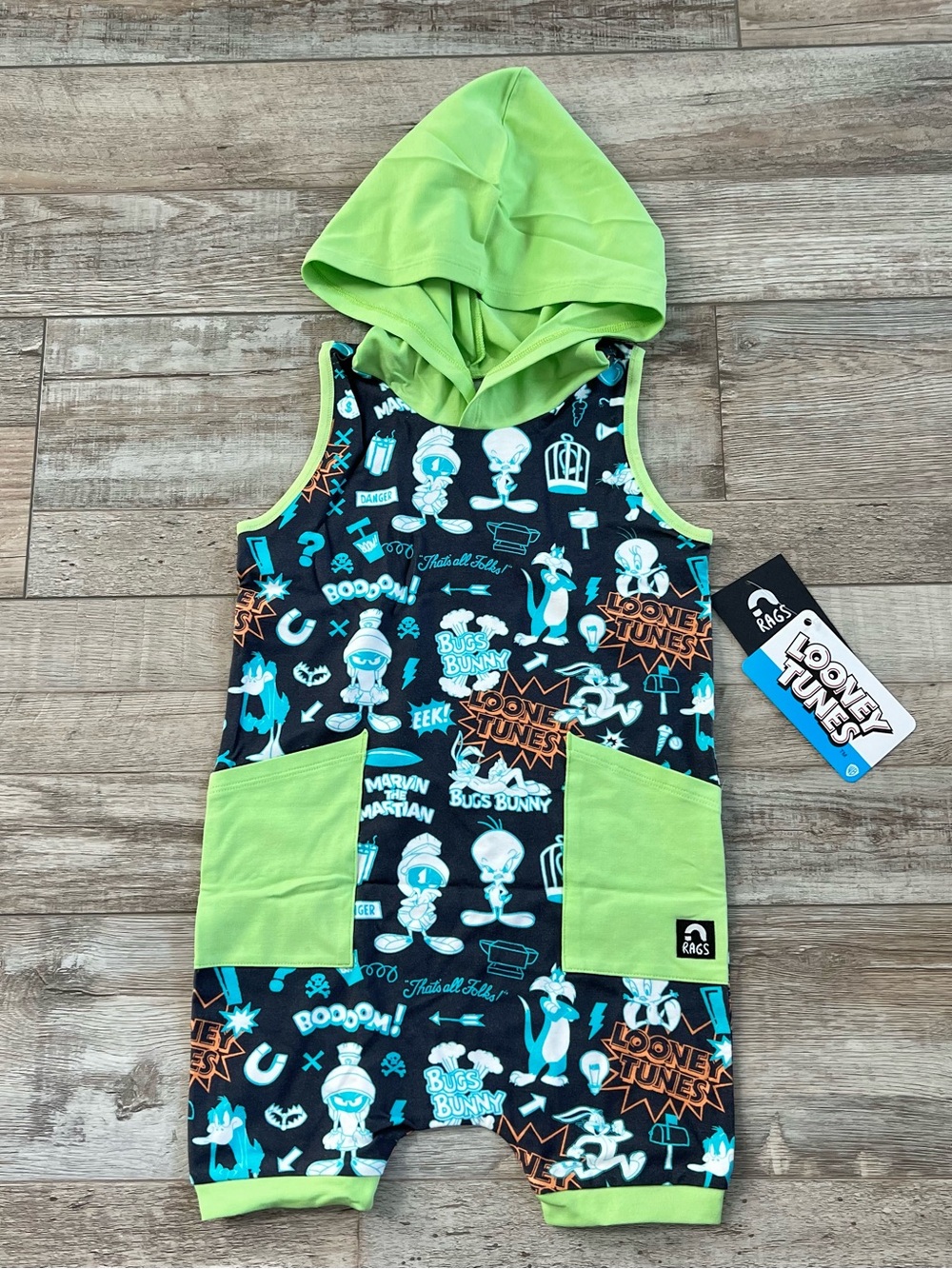 NWT Rags X Looney Tunes Hooded Hip Pocket Tank Short Romper Size 18-24 Months